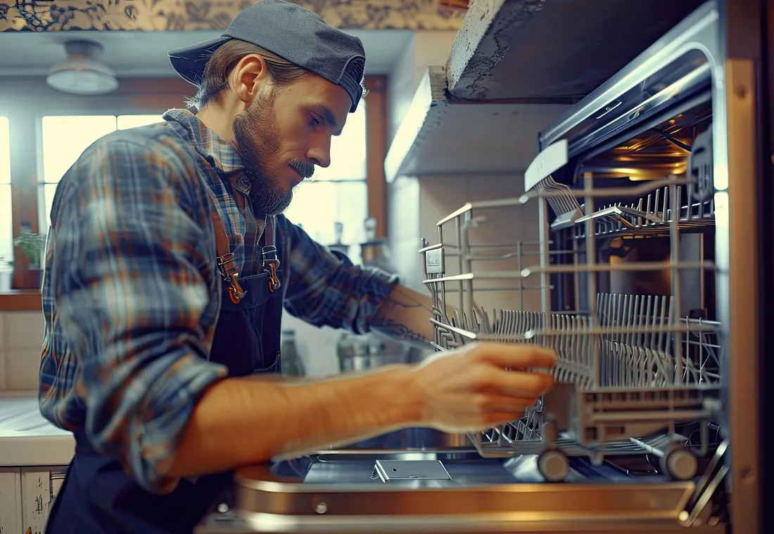 Technician servicing a dishwasher in a family kitchen