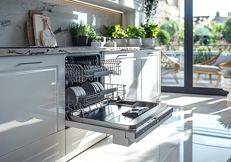 Open dishwasher loaded with clean dishes in a fitted kitchen