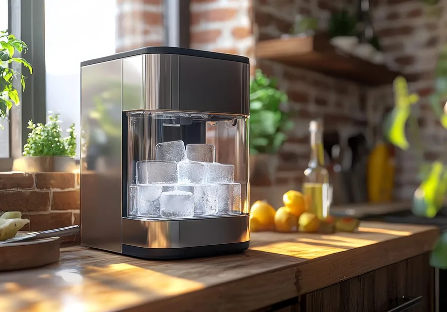 Undercounter stainless ice machine built into a kitchen island