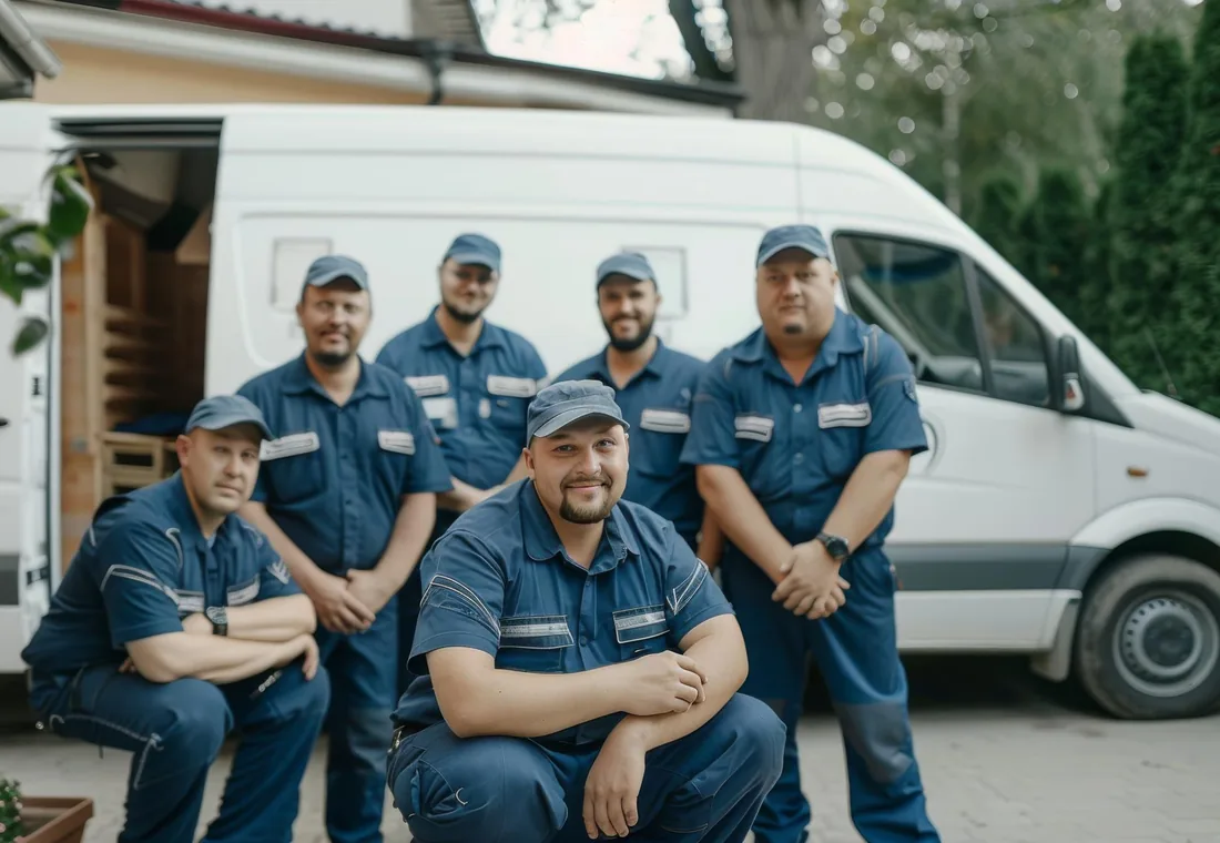 Appliance repair technicians standing in front of their service vans